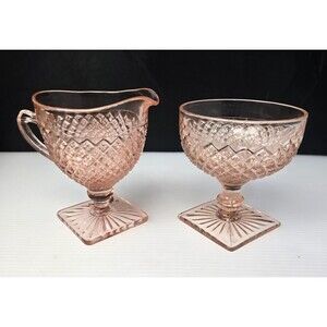 Vintage Anchor Hocking Pink Miss America Creamer & Sugar Bowl Set Diamond Point